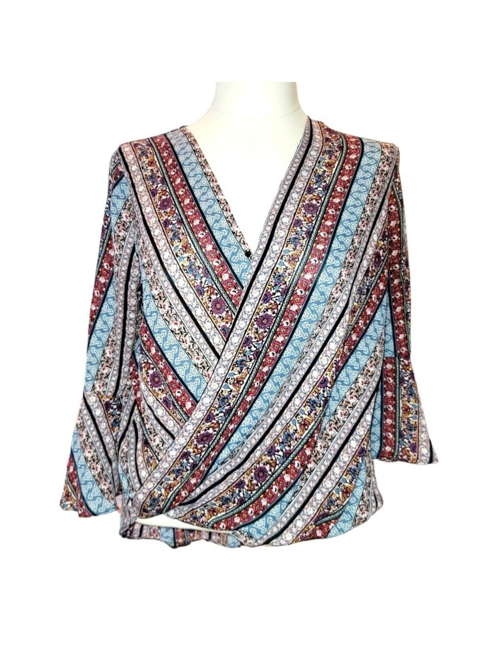 Boho Womens Blouse Size L Blouson 3/4 Bell Sleeves Multicolor Geometric JJ3489